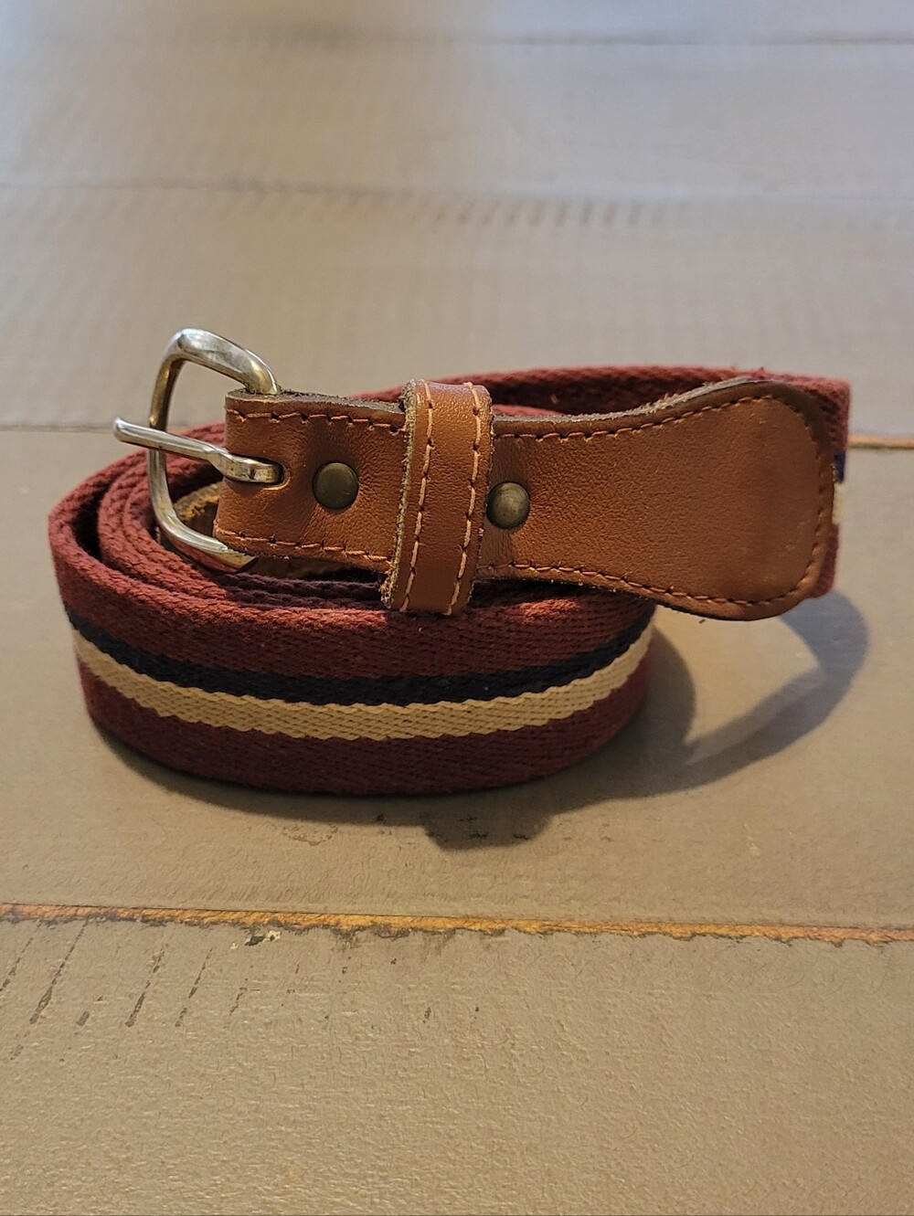 Men's Woven Stripe Casual Belt in Burgandy, Navy and Cream &Leather Trim